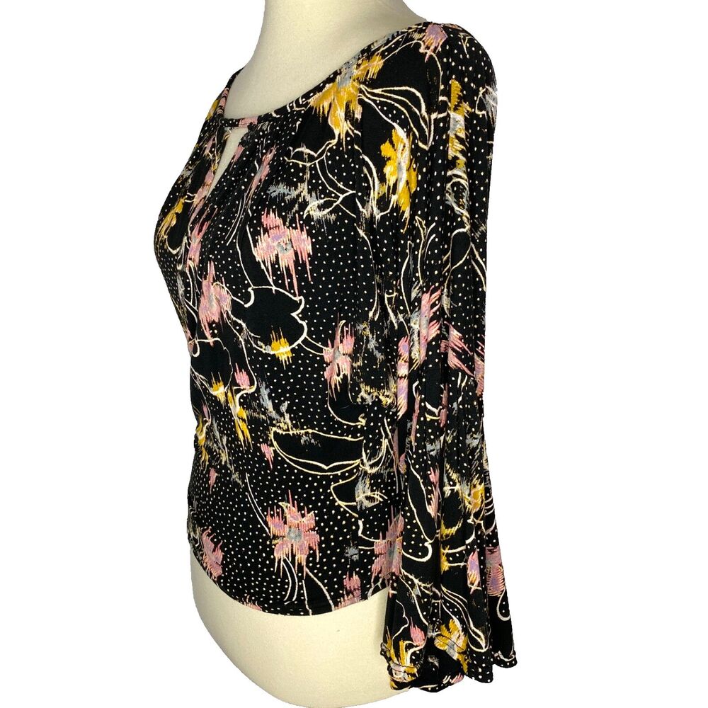 Free People Top Blouse Womens Small Black Pink Floral Dot Bell Sleeves Festival